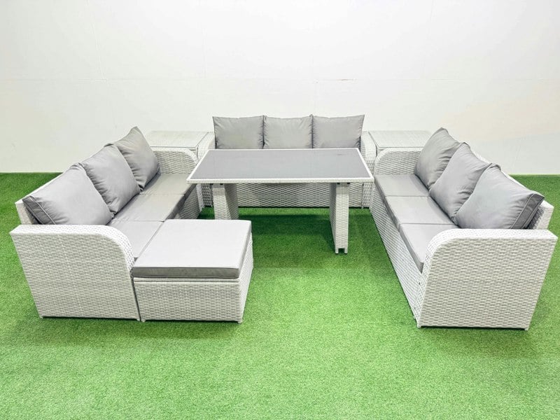 Fimous Patio Garden Furniture Sets with Black Glass Top Dining Table 3 Seater Sofa 2 Side Tables Big Stool Light Grey