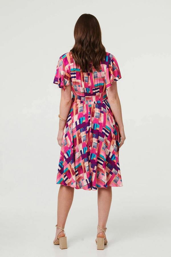 Pink | Geo Print Angel Sleeve Midi Dress