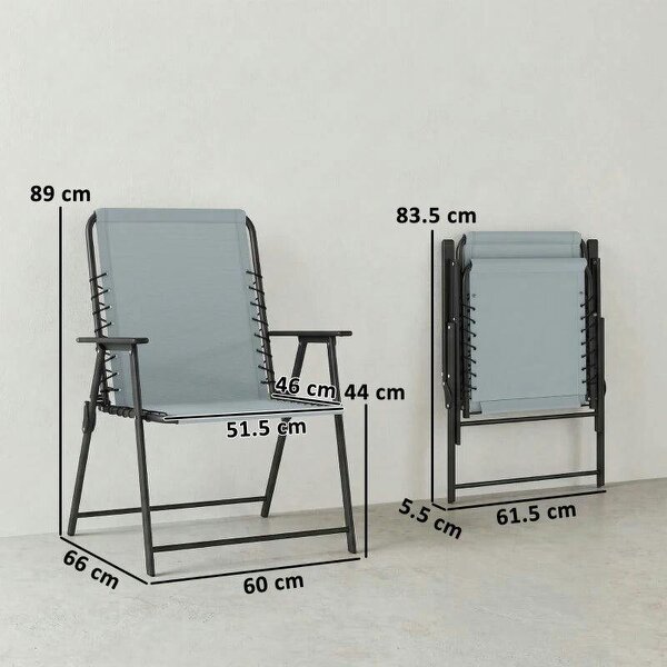 Folding Garden Chairs Set of 2, Outdoor Dining Chairs with Wide Texteline Seat, High Back and Armrests, Light Grey