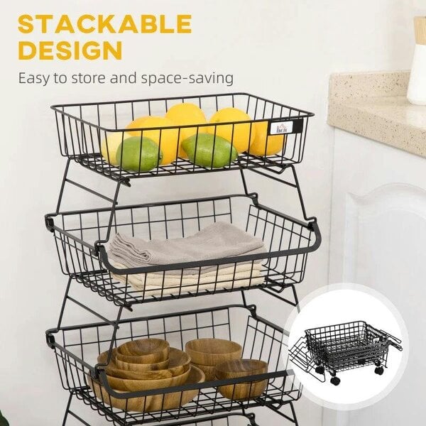 Bobobiy 5 Tier Storage Trolley, Stackable Fruit Vegetable Cart for Kitchen, Living Room, 40 x 2 x 97 cm, Black