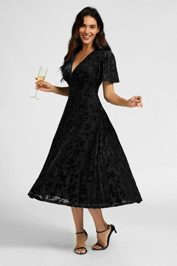 FS Collection Floral Velvet Devore V neckline Dress In Black