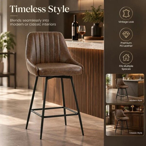 Bar Stools Set of 2, Swivel Counter Height Barstools with PU Leather, for Kitchen Island, Dining Room, Dark Brown