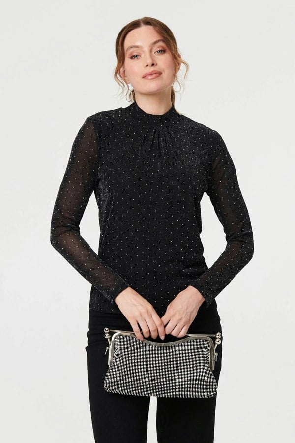 Black | Sparkly Semi Sheer Textured Mesh Top
