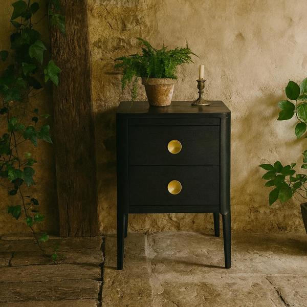 Wyld Haus Bologna Black Oak and Brass Two Drawer Bedside Table