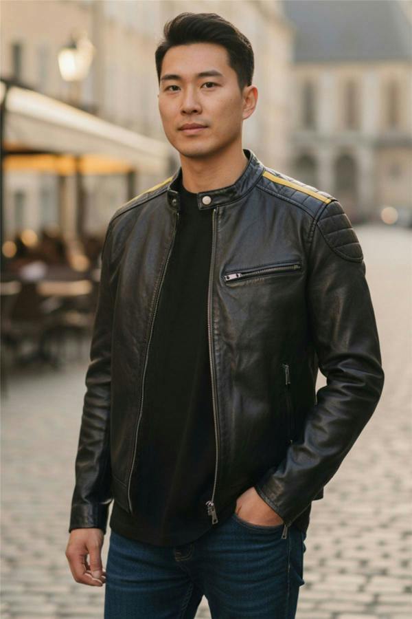 Infinity Leather Men's Classic Quilted Black Yellow Leather Biker Jacket - Meridian