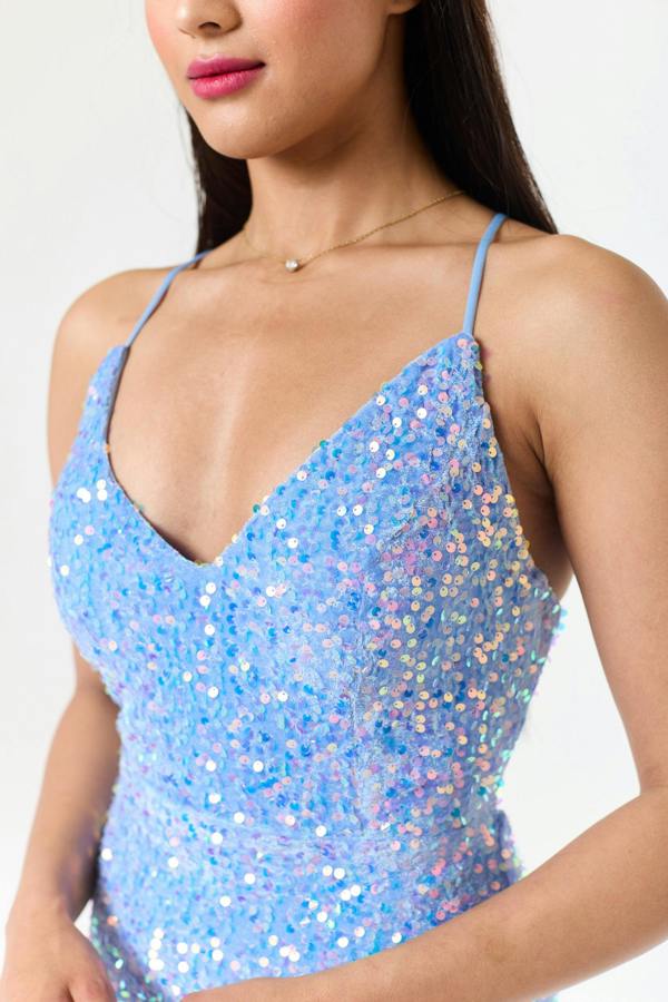 LuvForever Sora - Sky Blue Side Slit Sequin Maxi Dress