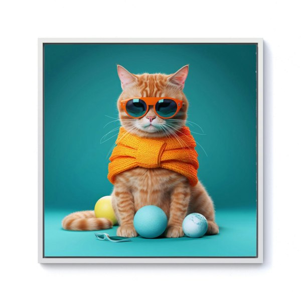 Warren Reed Cat In Glasses With Balls Of Wool Framed Canvas