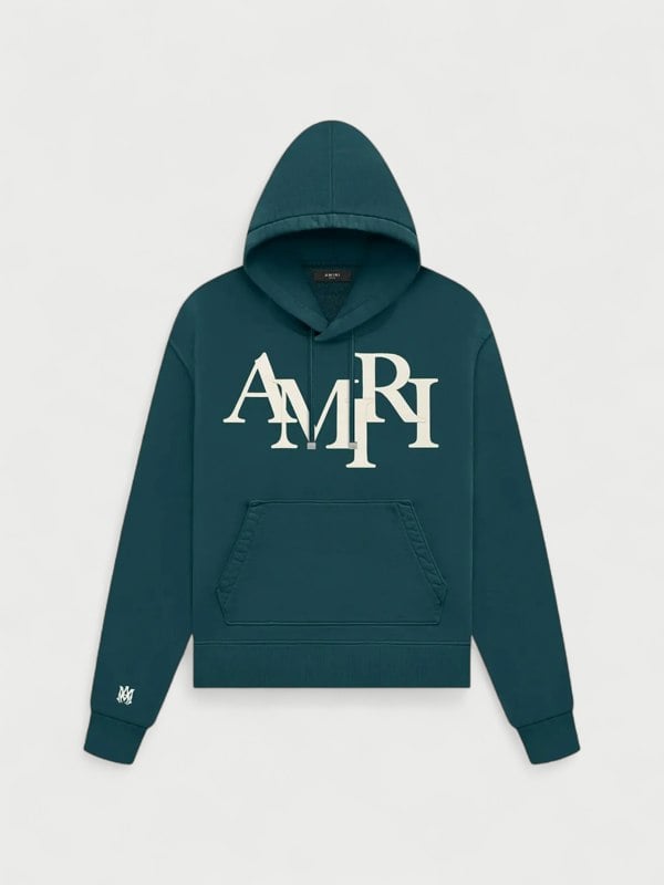 Amiri Staggered Logo Hoodie Rain Forest - Mens