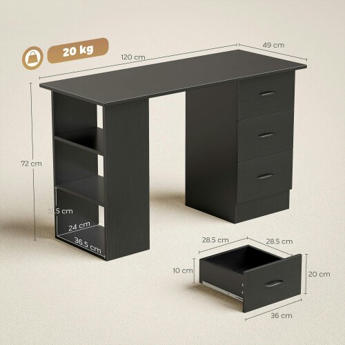 Wyld Haus Malilu 120cm Wooden Black Home Office Desk With 3 Shelves And Drawer Storage
