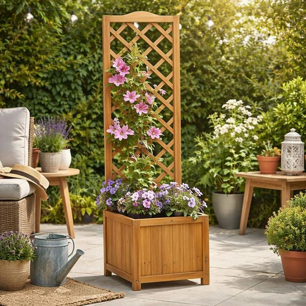 Gr8 Garden Wooden Garden Planter with Trellis Square Outdoor Flower Box for Climbing Plants