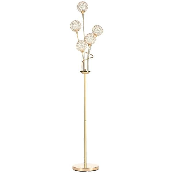 Gold-tone crystal floor lamp with five round faceted shades and slim standing base