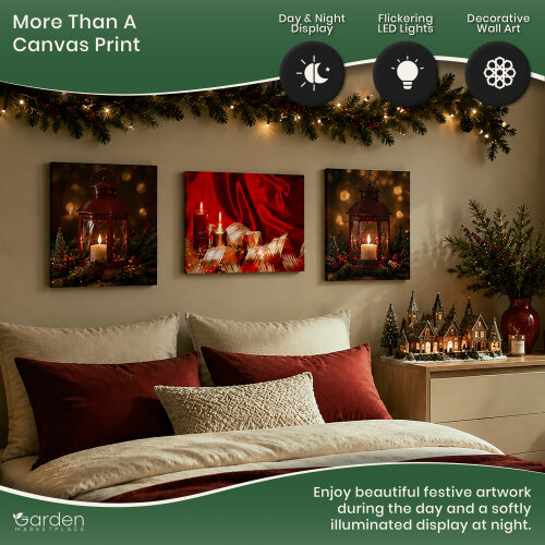 Christmas Ribbon & Candles LED Canvas Picture Print, Wooden Frame Wall Art with Switch, 40cm x 30cm, Battery Powered