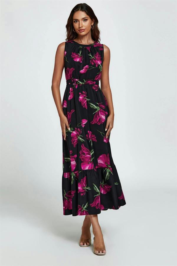 FS Collection Floral Print Halterneck Maxi Dress In Black