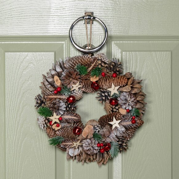 Samuel Alexander 30cm Hanging Christmas Wreath with Red Jingle Bells, Berries and Frosted Stars