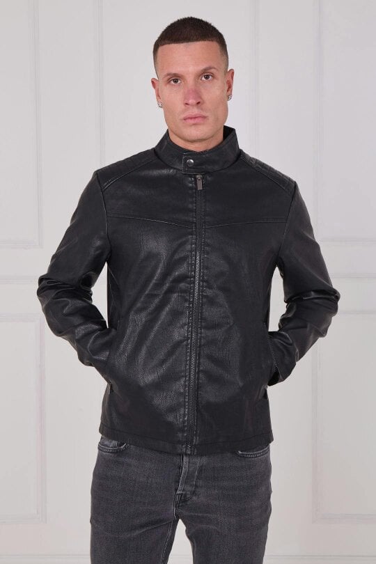 Men's PU Leather Zip Jacket - Black