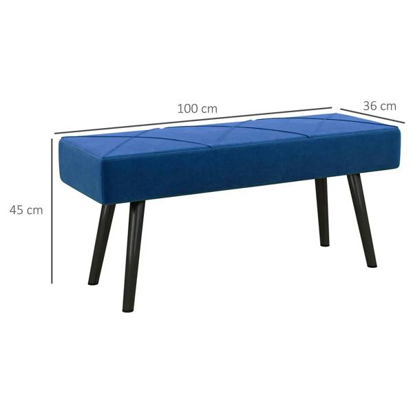 Blue upholstered bench with black legs and a rectangular padded top