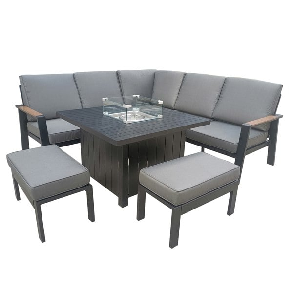 Furniture One Garden Furniture 7 Seater Set, Aluminium Patio Corner Sofa with Firepit Table, Stools & Soft Cushions