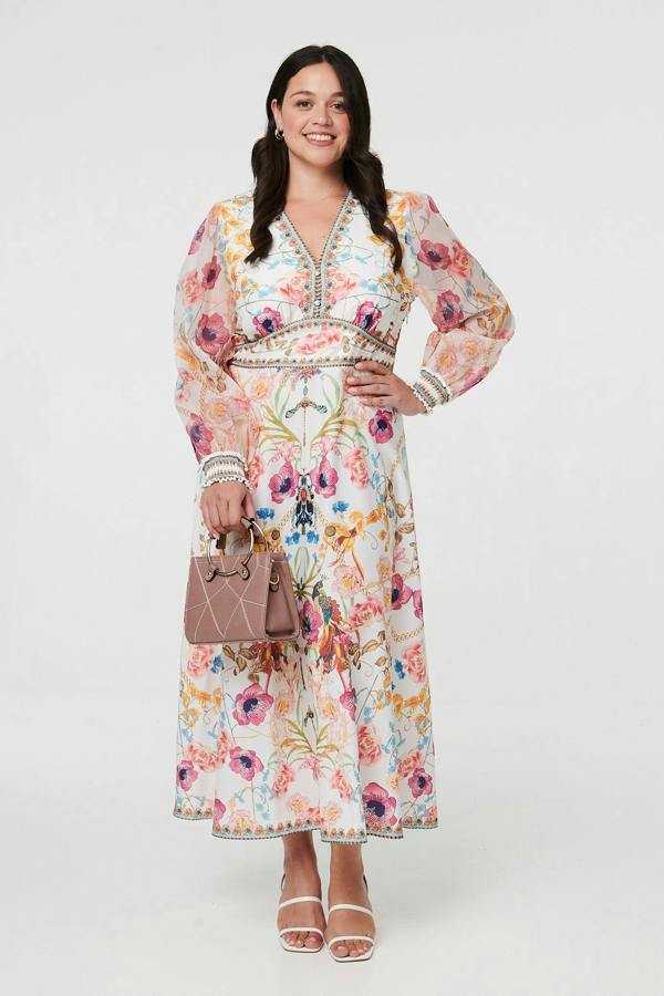 Pink | Curve Floral Border Print Maxi Dress
