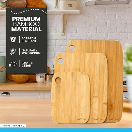MANTRARAJ Bamboo Chopping Boards Set of 3 Various Sizes Kitchen Set Cutting Boards Easy-Grip & Hanging Holes