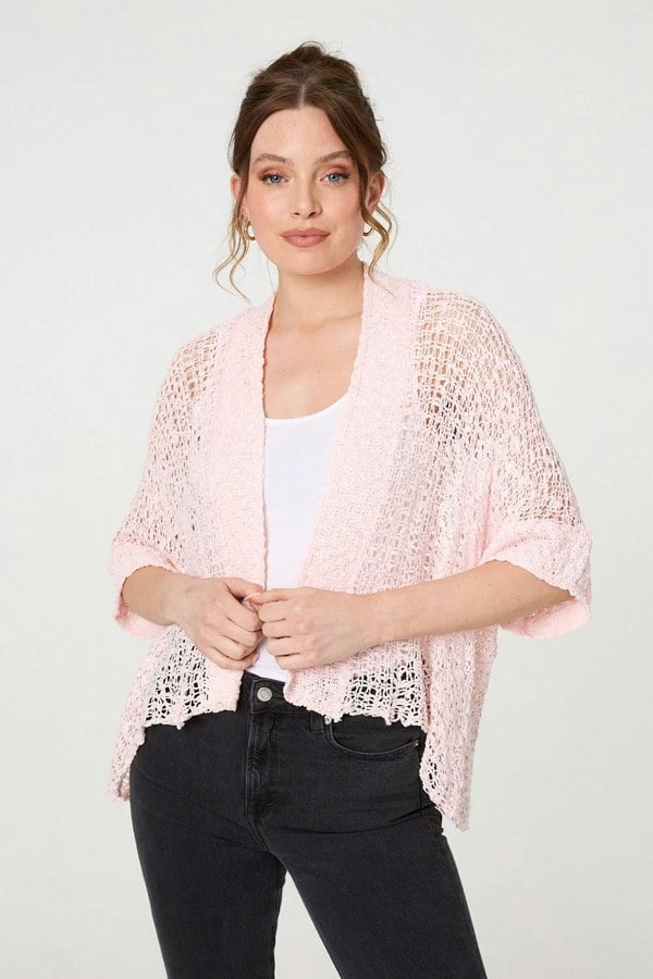 Pink | Crochet Knit Texture Waterfall Cardigan
