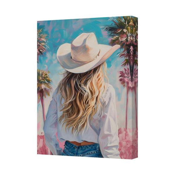 Benjamin Tate Design Canvas Wall Art 9650 Woman With Hat Among Palm Trees Sunset Colors
