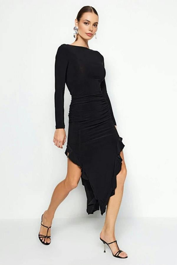 WOVCOR Boat Neck Maxi Stretch Knit Dress with Flounce Skirt