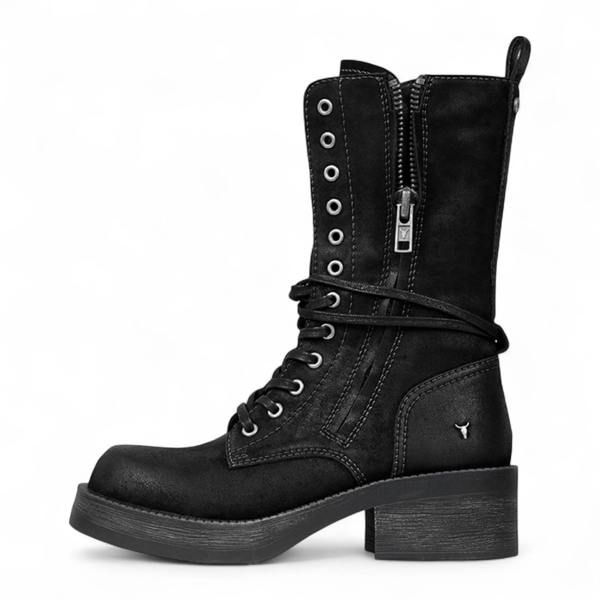 Windsorsmuth Gather - Women's Black Suede Mid-Calf Lace-Up Combat Boots