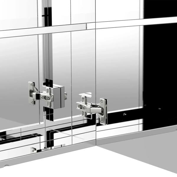Bathroom mirror cabinet double doors with stainless steel hinge hardware close-up