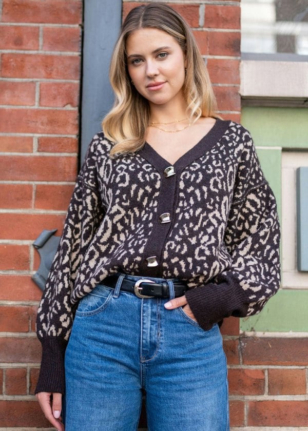 Gini London Chocolate Animal Print Wool Mix Cardigan Look Jumper