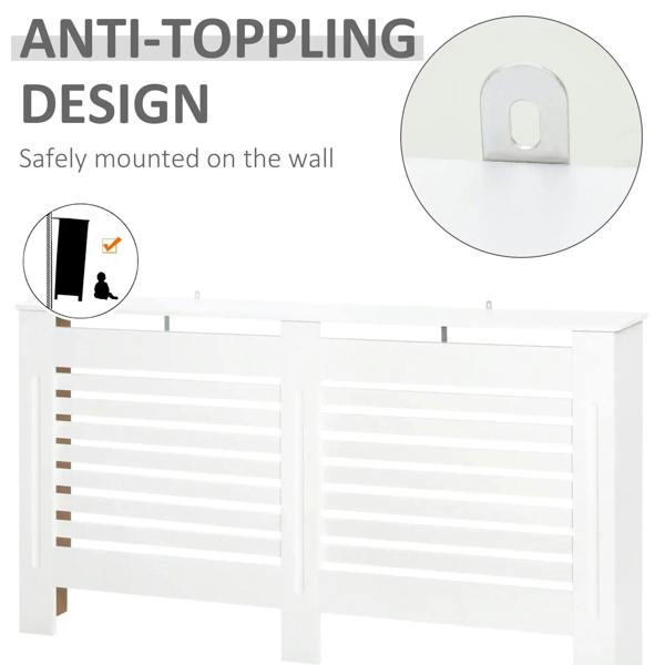 White radiator cover with wall-mount bracket and horizontal slat ventilation panels.