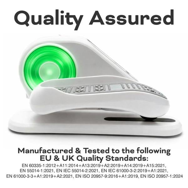 The Reviber Motorised Mini Elliptical Bike by Reviber, shown in white with a glowing green light and textured handle on a white surface. "Quality Assured" appears above, with EU/UK standards for low-impact and seated leg exercise listed below.
