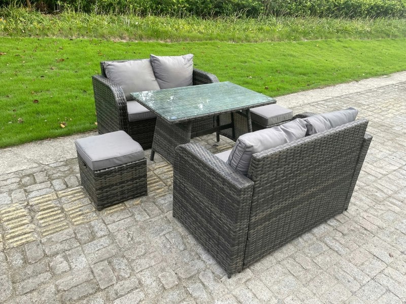 Fimous Rattan Garden Furniture Set 2 Seater Curved Arm Double Love Sofa Sofa Oblong Dining Table