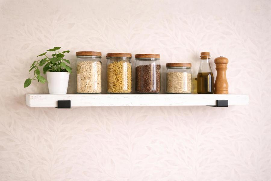 White painted reclaimed scaffold board shelf styled in kitchen with jars and plant