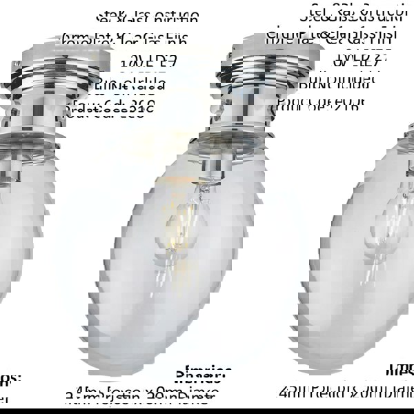 Decorative Flush Bathroom Ceiling Light Fitting - Clear Glass Shade - Dimmable