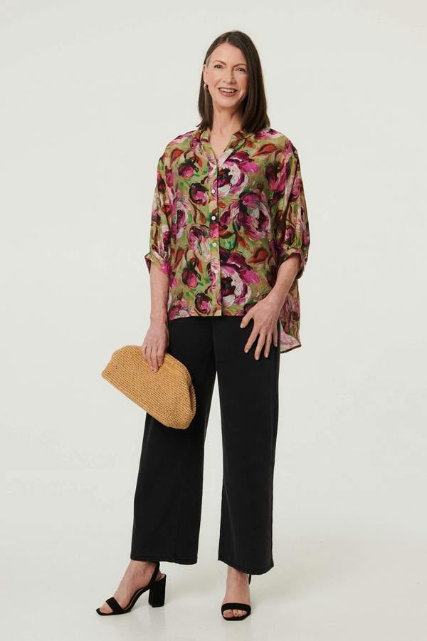 Pink | Floral Button 3/4 Sleeve Relaxed Blouse