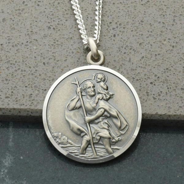 Christopher James of London Antique Finish Sterling Silver 24mm St Christopher Pendant With Optional Engraving and Chain