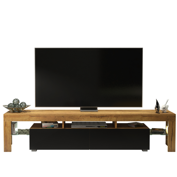 Mex Furniture Sleek 200 cm Modern TV Unit Cabinet Stand Oak Matt Black Doors with Free LED Lights