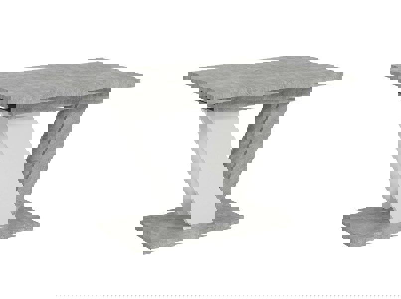 Dining table with gray concrete-like top and white base on a white background