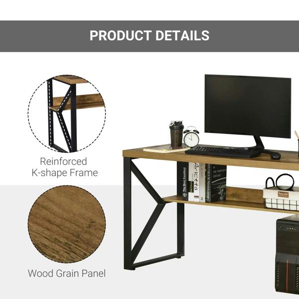 Wood-grain panel desk with reinforced K-shaped frame and built-in storage shelf