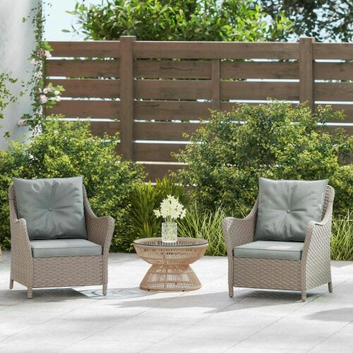 Bobobiy Rattan Garden Chairs Set of 2, Outdoor Rattan Chairs with Cushions, PE Wicker Garden Armchair with Steel Frame, Light Grey