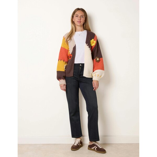 Blue Vanilla Blanket Stitched 3D Daisy Knit Colourblock Cardigan