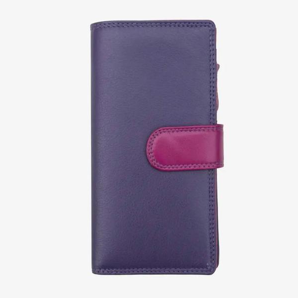 Purple bifold purse with a pink accent on a white background