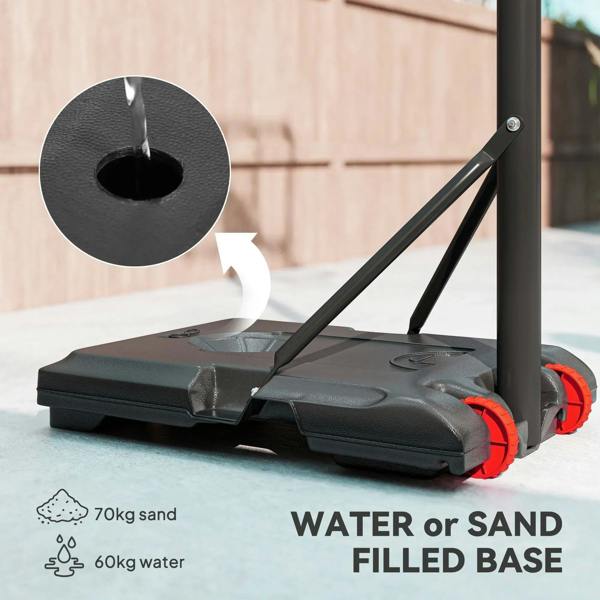 Weighted base for portable basketball hoop with water or sand fill and red wheels