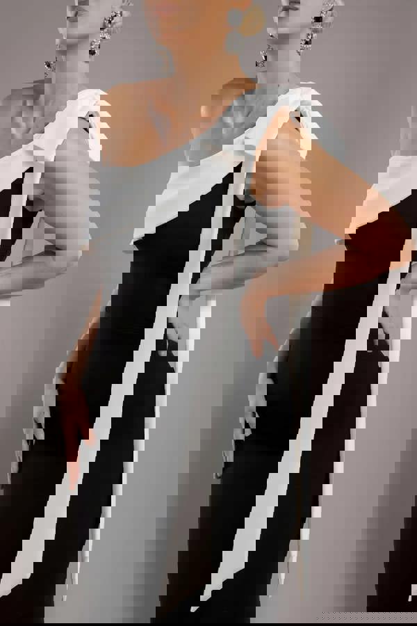 One Shoulder Contrast Bow Maxi Dress - Black Cream DR4717