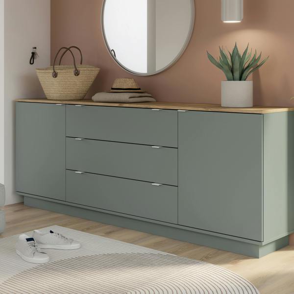 Furniture To Go Ganymede Large Sideboard with 3 Drawers & 2 Doors in Mauvella Oak and Sage