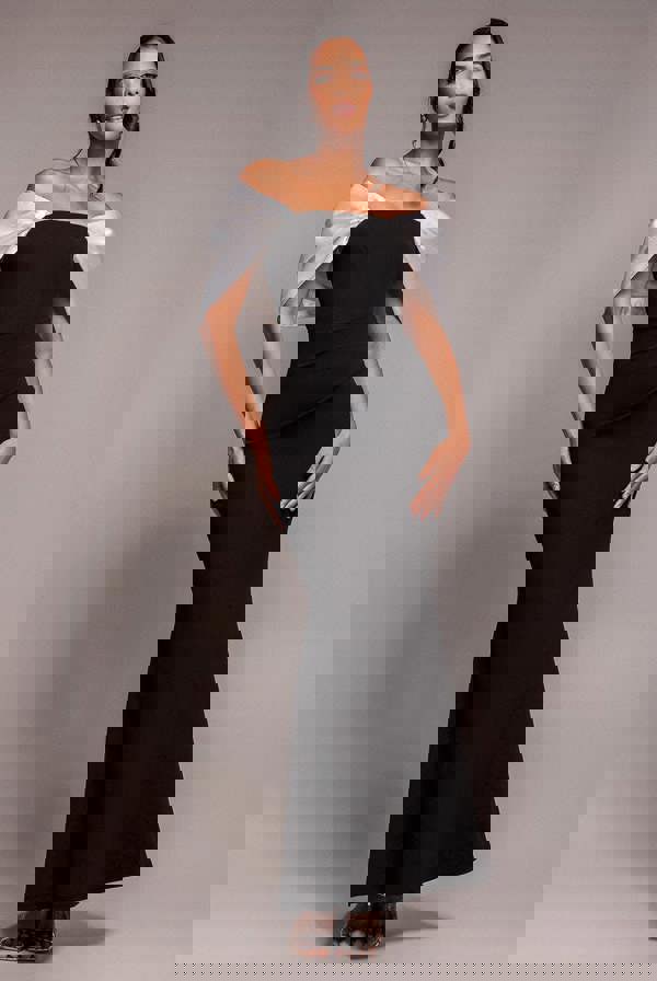 Contrast Off Shoulder Back Satin Bow Scuba Maxi Dress - Black Cream DR4708CONTRAST