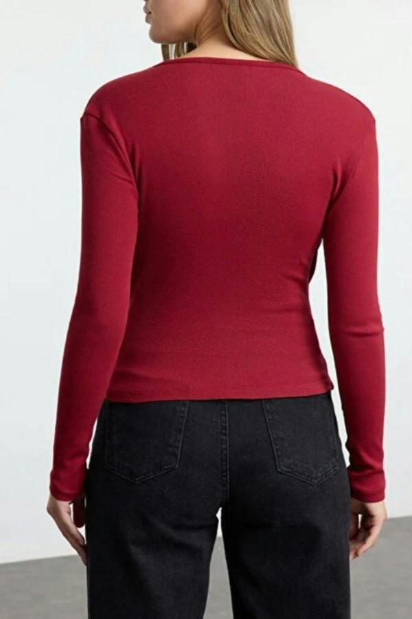 WOVCOR Double Breasted Collar Long Sleeve Ribbed Knit Blouse