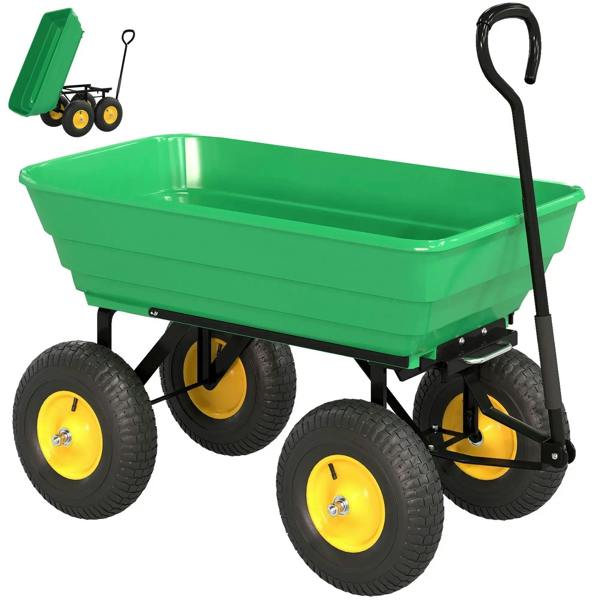 Green tipping garden cart with four all-terrain wheels and long handle