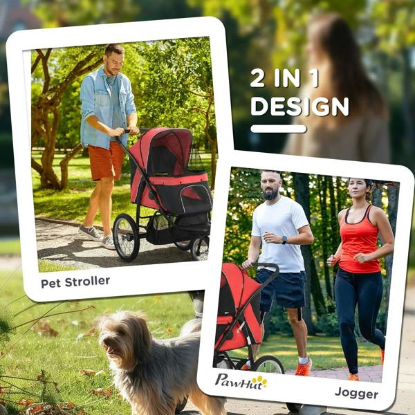 Red and black three-wheel pet stroller with foldable design, shown outdoors