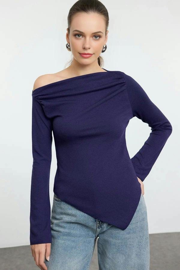 WOVCOR Draped Boat Neck Asymmetrical Long Sleeve Knit Blouse